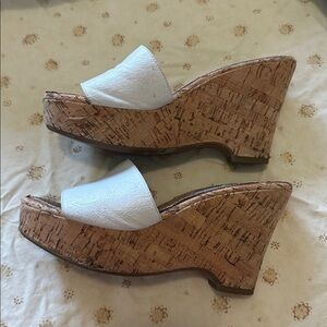 Steve Madden White Leather Cork Wedge Slide Sandals